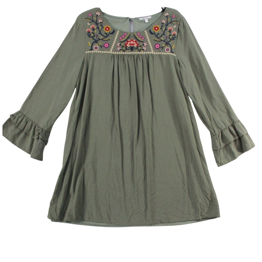 Jodifl Olive Green Floral Embroidered Boho Mini Dress Ruffle Bell Sleeve B3404 M